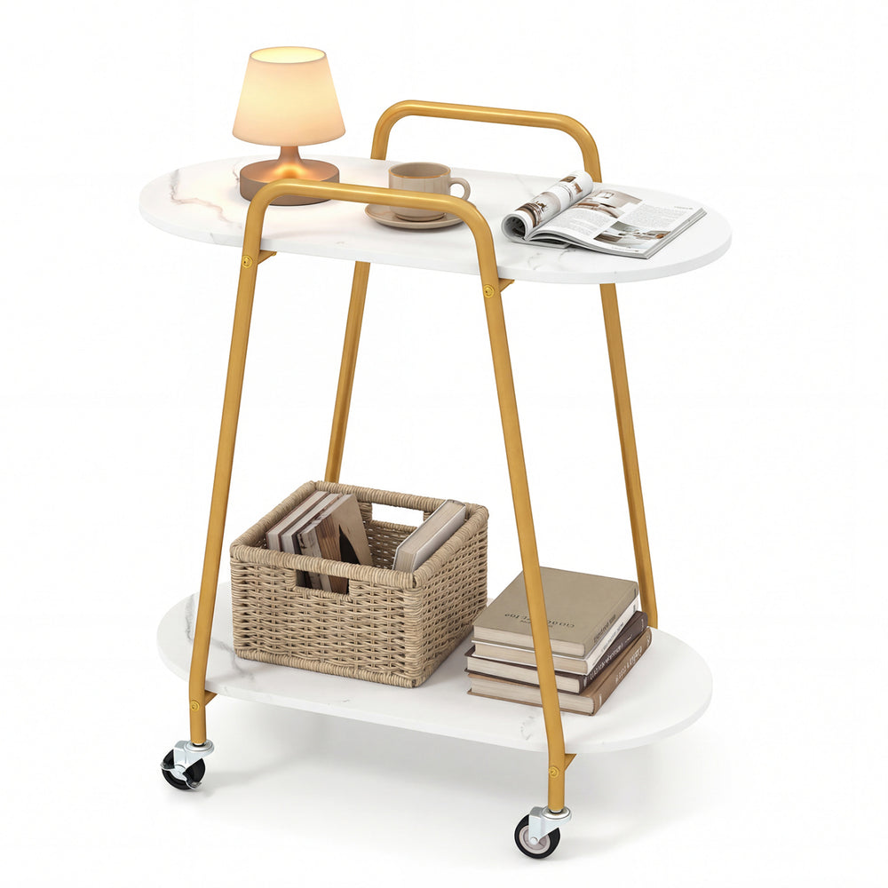 2-tier rolling end table with faux marble surfaces, yellow metal frame, and wheels for easy mobility in small spaces.