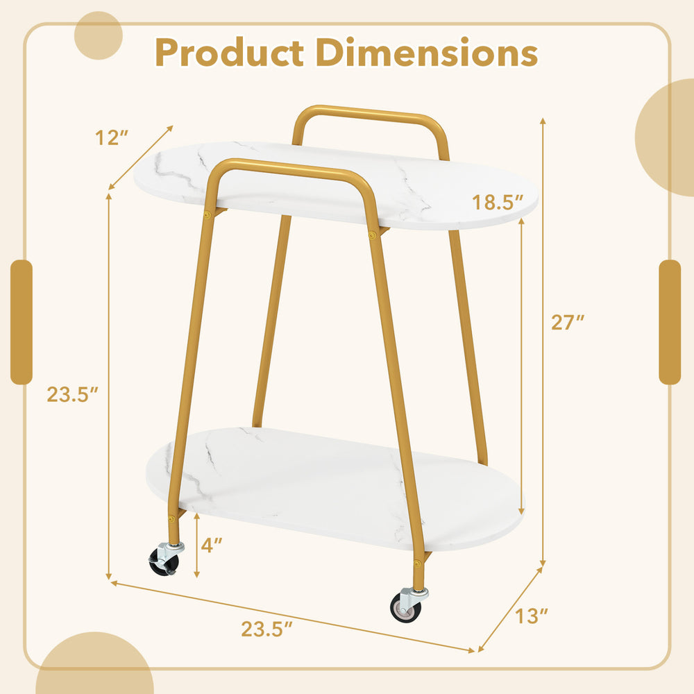 2-tier rolling end table with faux marble surfaces, featuring a heavy-duty metal build and universal wheels for easy mobility.