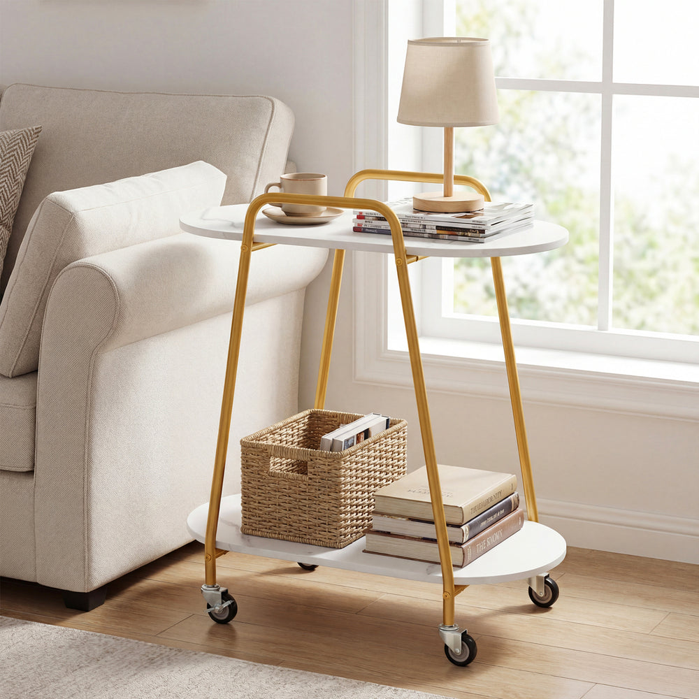 2-tier rolling end table with faux marble surfaces and gold metal frame, ideal for small spaces and easy mobility.