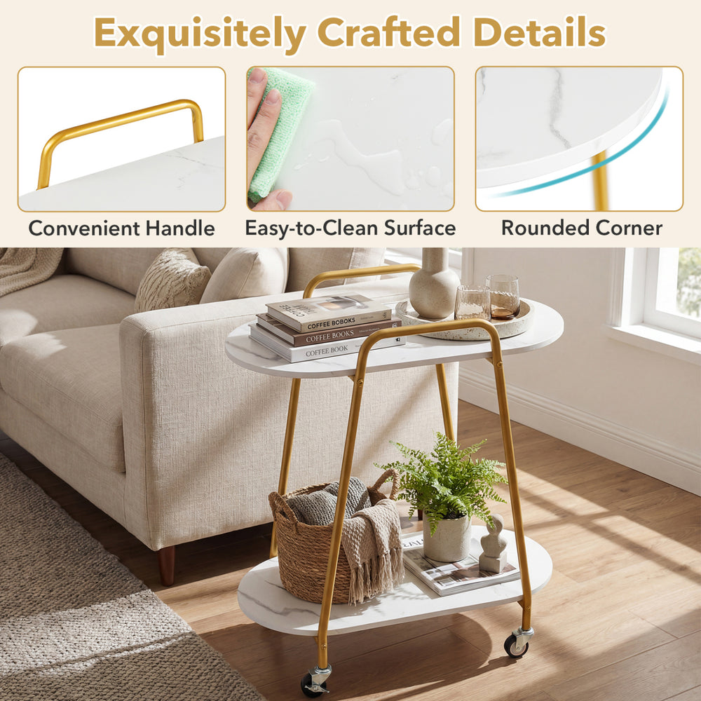 2-tier rolling end table with faux marble surfaces, convenient handle, and easy-to-clean design for small spaces.