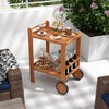 2 Tier rolling serving cart with wine bottle holders, hardwood construction, ideal for outdoor gatherings and easy.