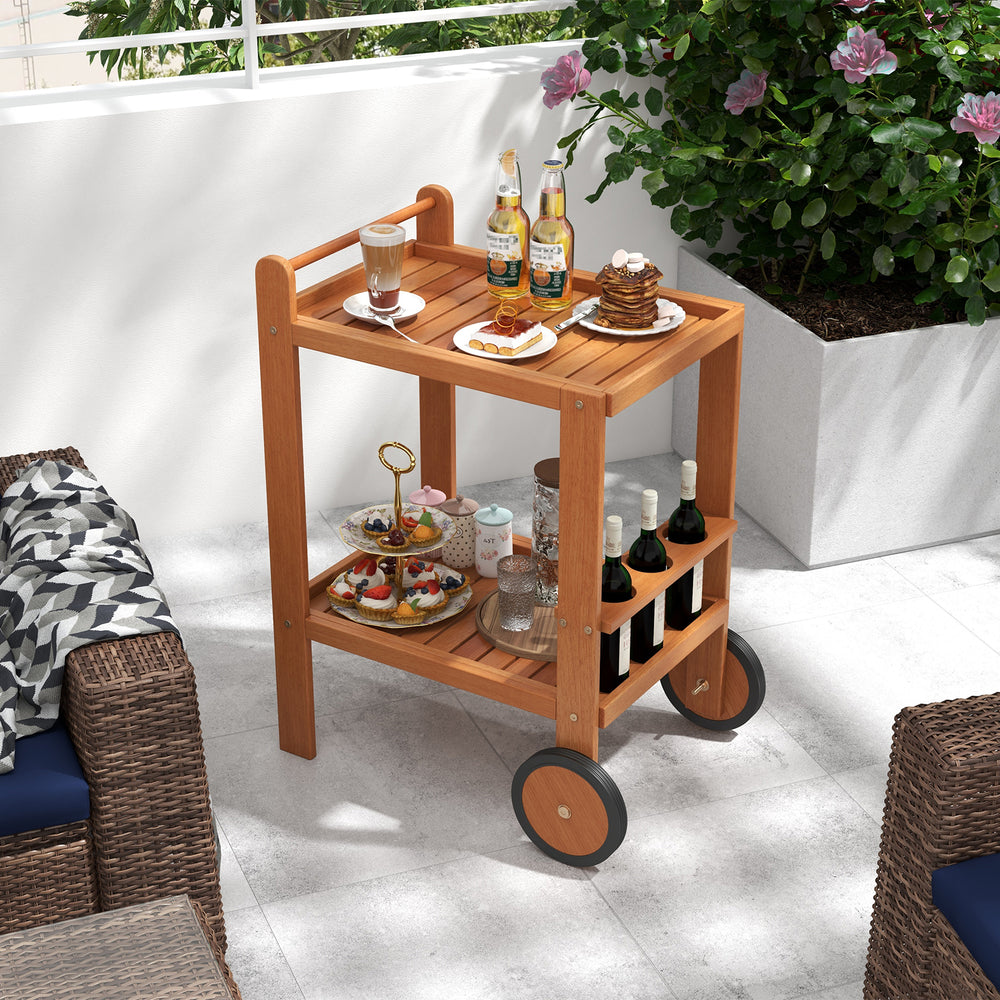 2 Tier rolling serving cart with wine bottle holders, hardwood construction, ideal for outdoor gatherings and easy.