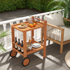 2 Tier rolling serving cart with wine bottle holders, slatted design, and rubber wheels for easy outdoor use.
