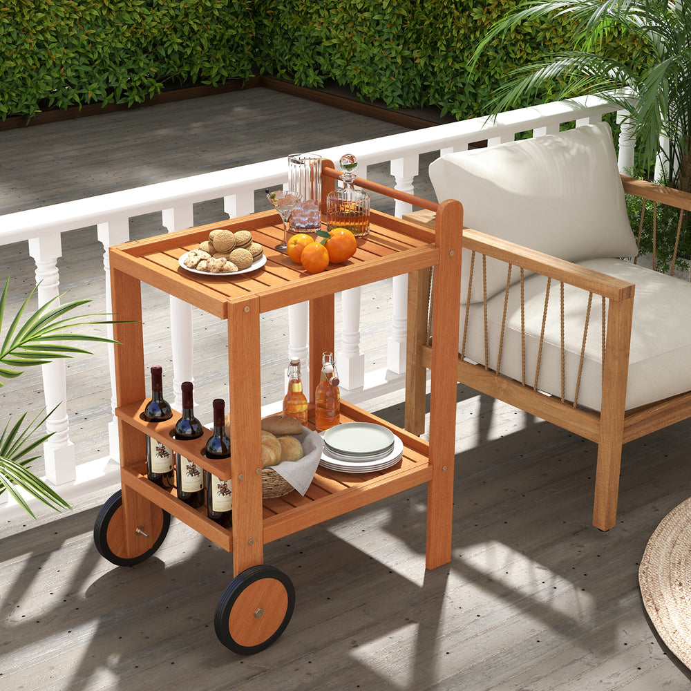 2 Tier rolling serving cart with wine bottle holders, slatted design, and rubber wheels for easy outdoor use.