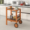 2 Tier Rolling Serving Cart in teak finish with wine bottle holders and rubber wheels, perfect for indoor and outdoor.