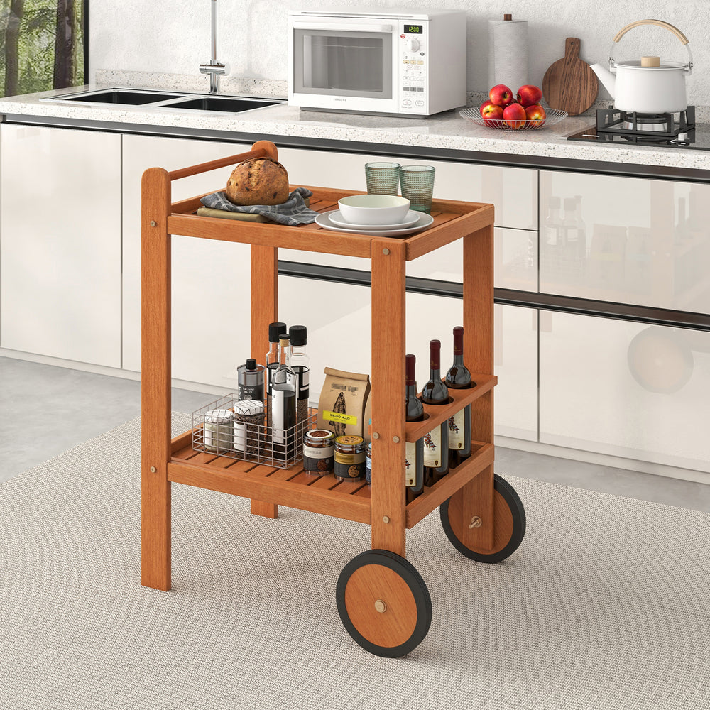 2 Tier Rolling Serving Cart in teak finish with wine bottle holders and rubber wheels, perfect for indoor and outdoor.