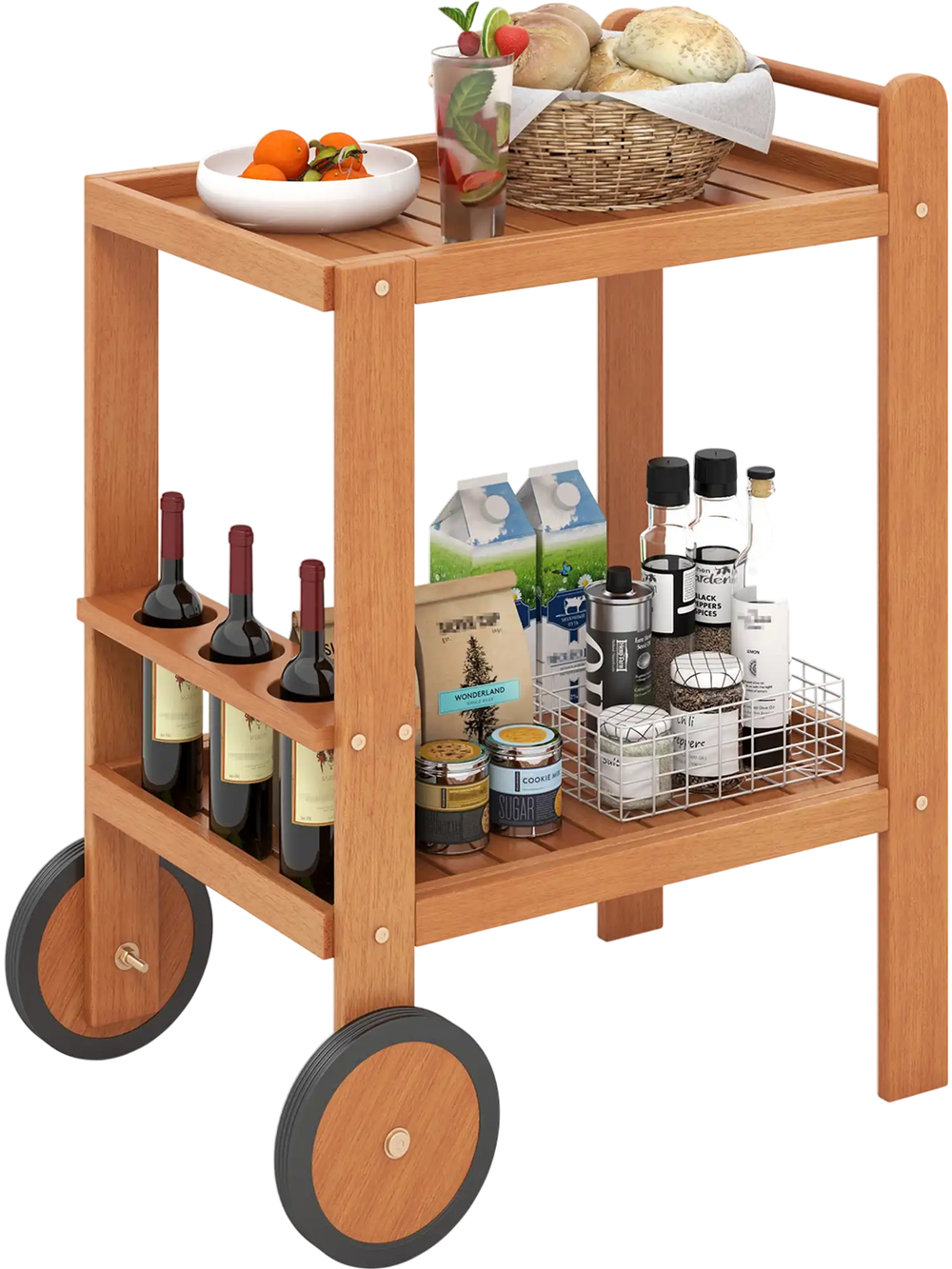 2 Tier Rolling Serving Cart with Wine Bottle Holders and 2 Rubber Wheels