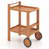 2 Tier Rolling Serving Cart in hardwood with teak oil finish, featuring wine bottle holders and rubber wheels for easy.