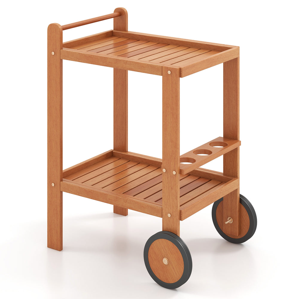 2 Tier Rolling Serving Cart in hardwood with teak oil finish, featuring wine bottle holders and rubber wheels for easy.