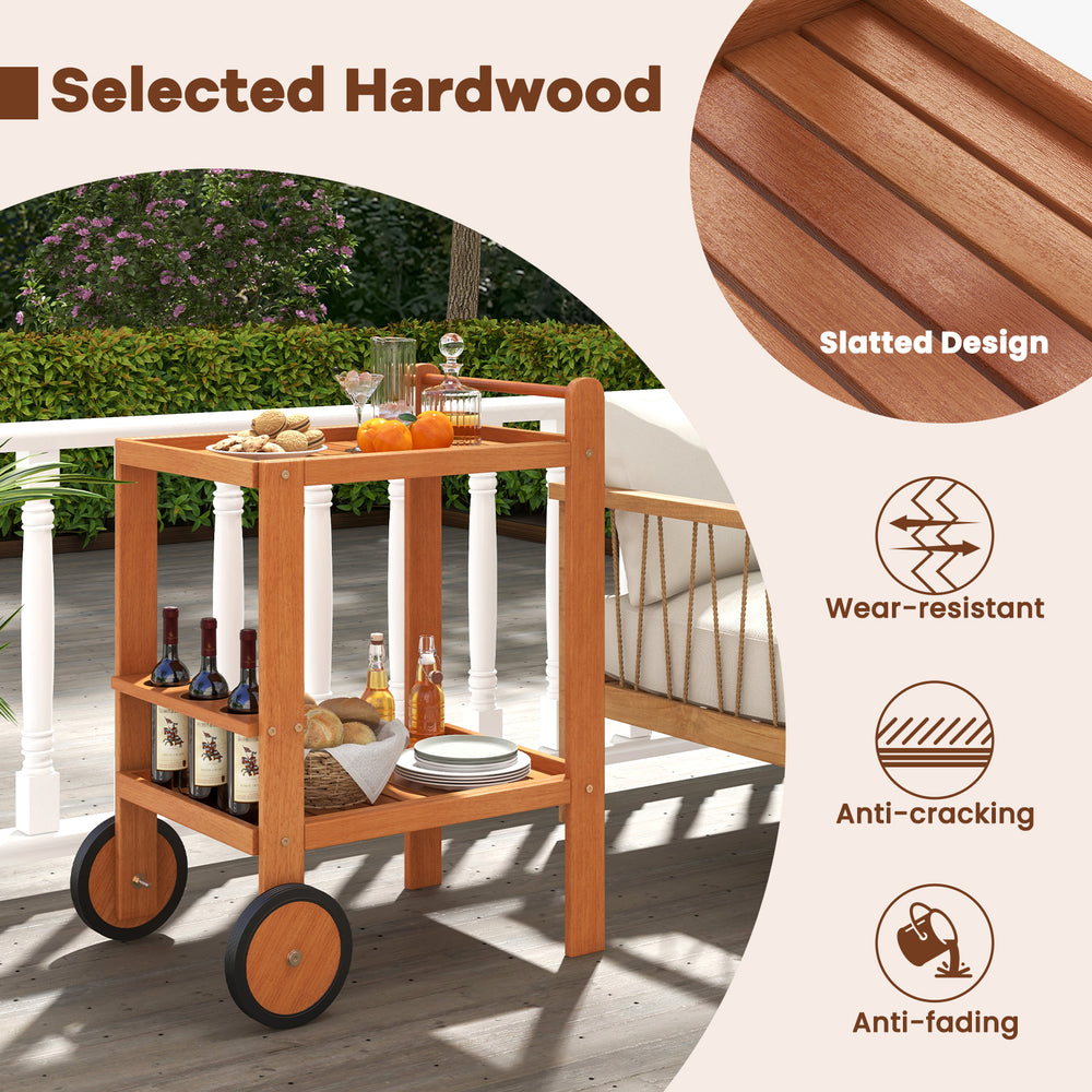 2 Tier rolling serving cart made of selected hardwood with slatted design, ideal for outdoor use and easy to move.