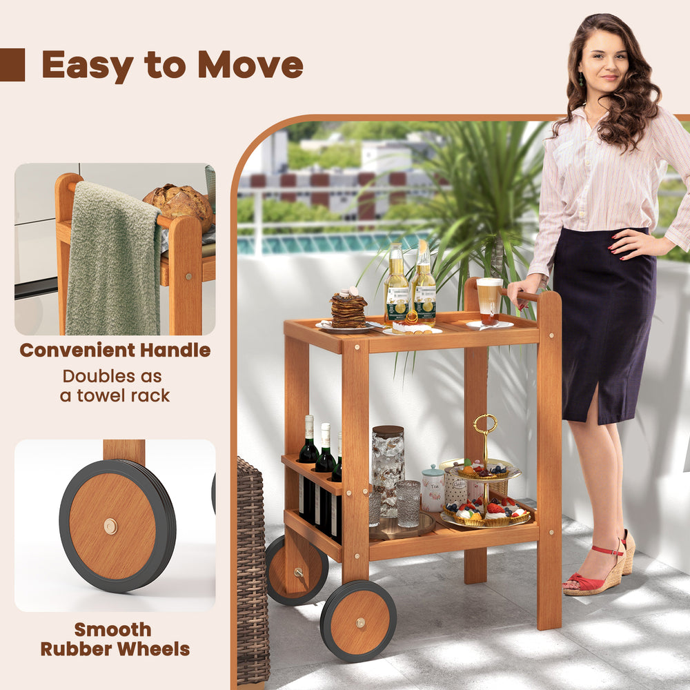 2 Tier rolling serving cart with wine bottle holders, hardwood finish, convenient handle, and smooth rubber wheels for.