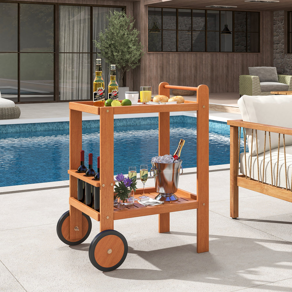 2 Tier rolling serving cart with wine bottle holders, teak oil finish, and rubber wheels, perfect for outdoor.