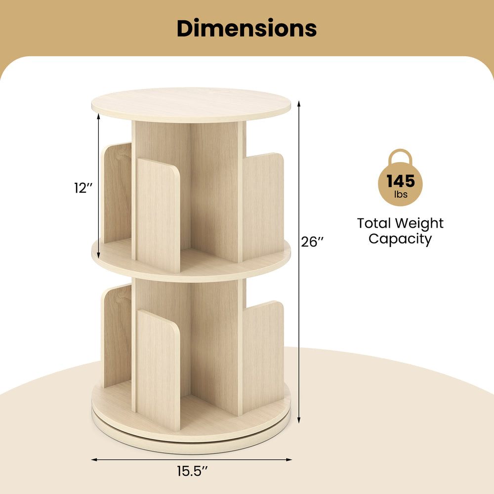 2-tier rotating bookshelf in natural finish, featuring dividers and anti-falling baffles for organized storage.