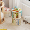 2-tier rotating bookshelf in natural wood with dividers, perfect for organizing books and decor in a child's room.