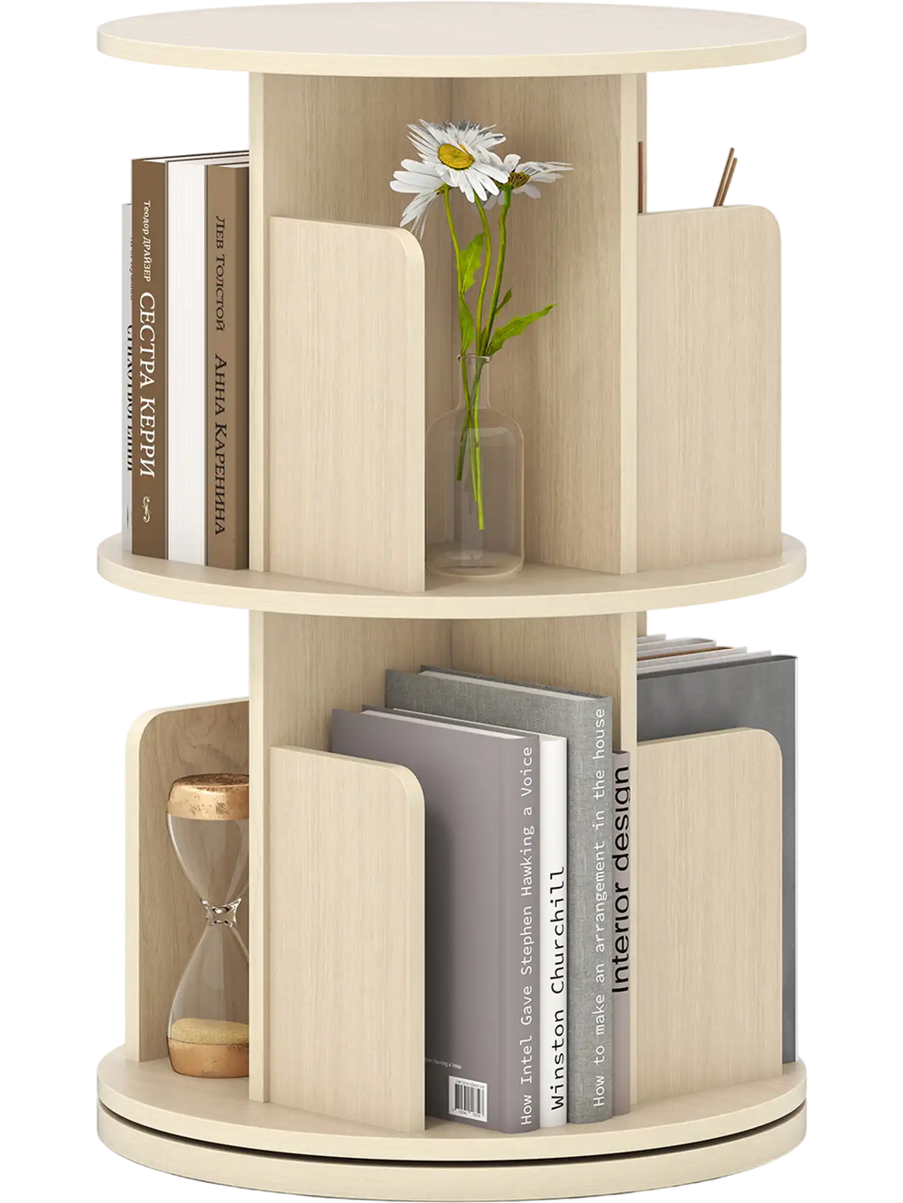 2-tier rotating bookshelf in natural finish with dividers and anti-falling baffles for organized storage and easy.