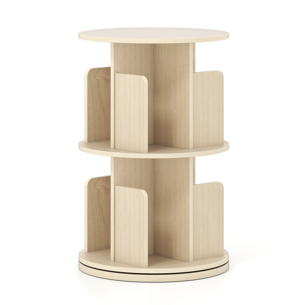 Natural 2-tier rotating bookshelf with open shelves and rounded dividers, designed for versatile storage and display.