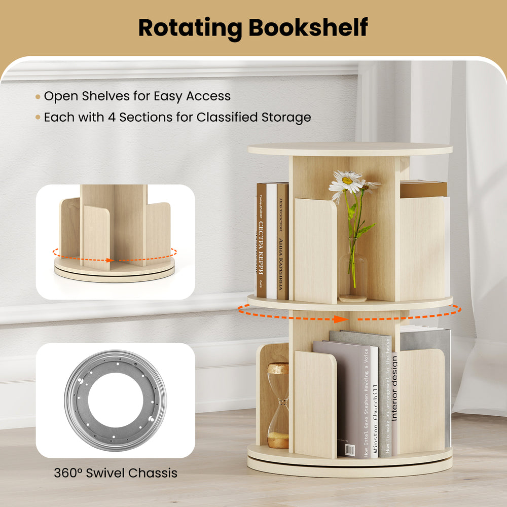 2-tier rotating bookshelf in natural finish with open shelves, 360° swivel chassis, and anti-falling baffles for.