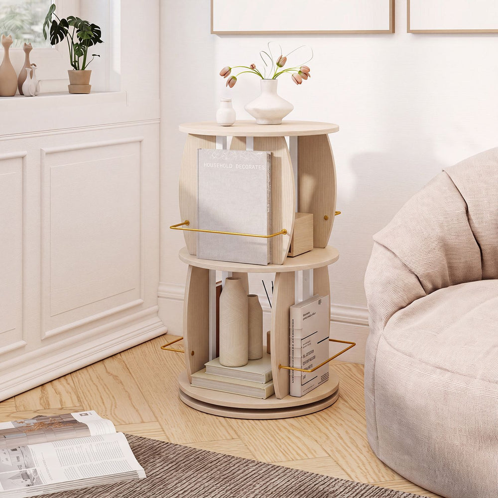 2-tier rotating bookshelf tower in oak with a compact design and open shelves, perfect for organizing books and decor.