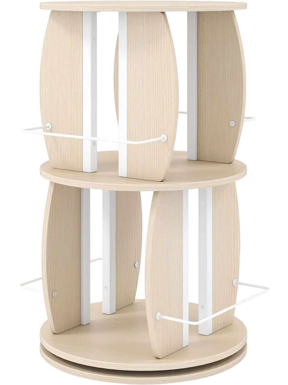 2-tier rotating bookshelf tower in oak features a compact design with a stable round base, perfect for small spaces.