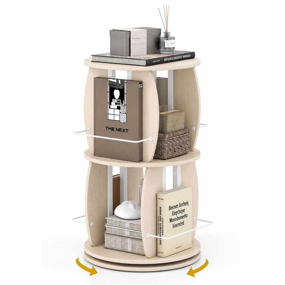 2-tier rotating bookshelf tower in oak features an open shelf design for displaying books, photos, and decorative items.