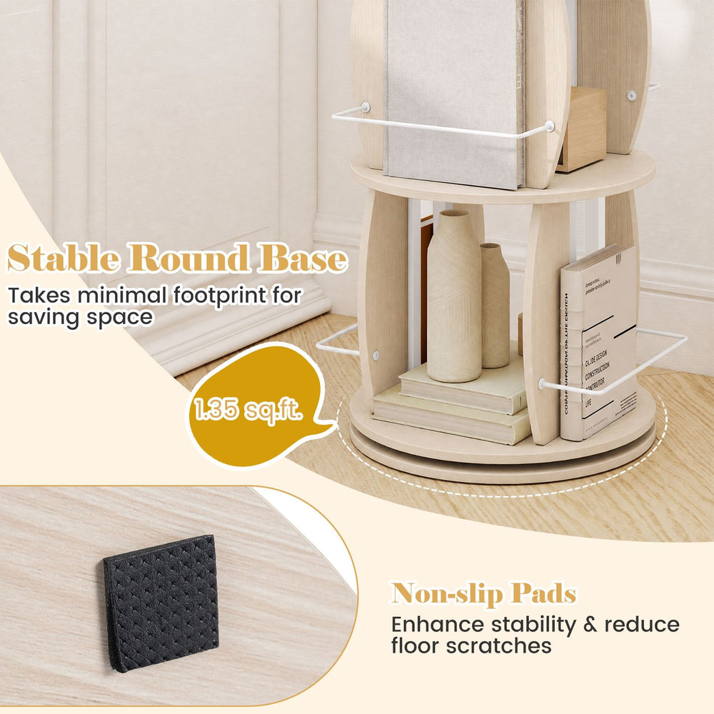 2-tier rotating bookshelf tower in oak with side rails, stable round base, and non-slip pads for easy access and reduced scratches.