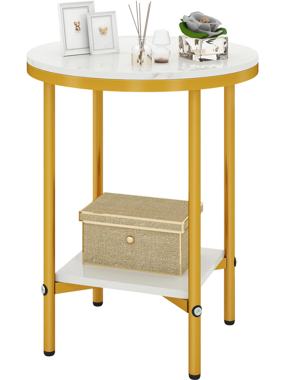 Round coffee table with faux marble top and golden metal frame, featuring a bottom storage shelf for small spaces.