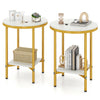 Round coffee table with faux marble top and golden metal frame, featuring a bottom storage shelf for stylish.