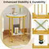 Round coffee table with faux marble top, golden metal frame, and bottom storage shelf for living room or bedroom use.