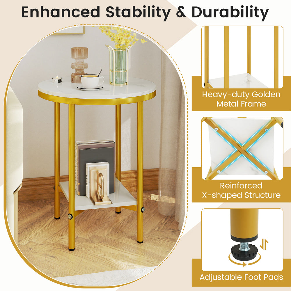 Round coffee table with faux marble top, golden metal frame, and bottom storage shelf for living room or bedroom use.