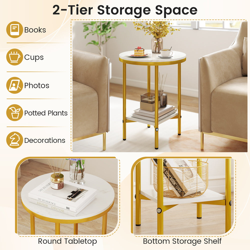 Round coffee table with faux marble top and golden metal frame, featuring a bottom storage shelf for living room.