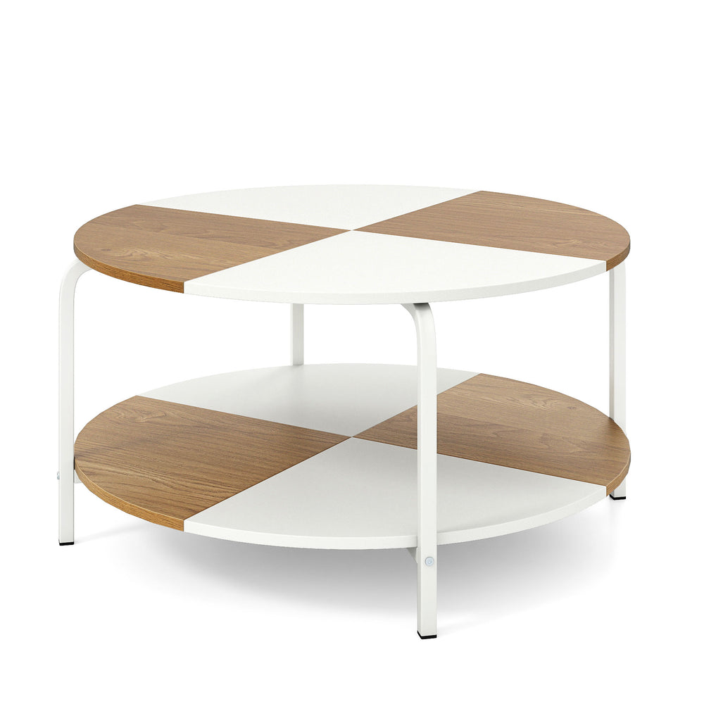 Round coffee table with split-color tabletop, metal frame, and storage shelf for organized living spaces.