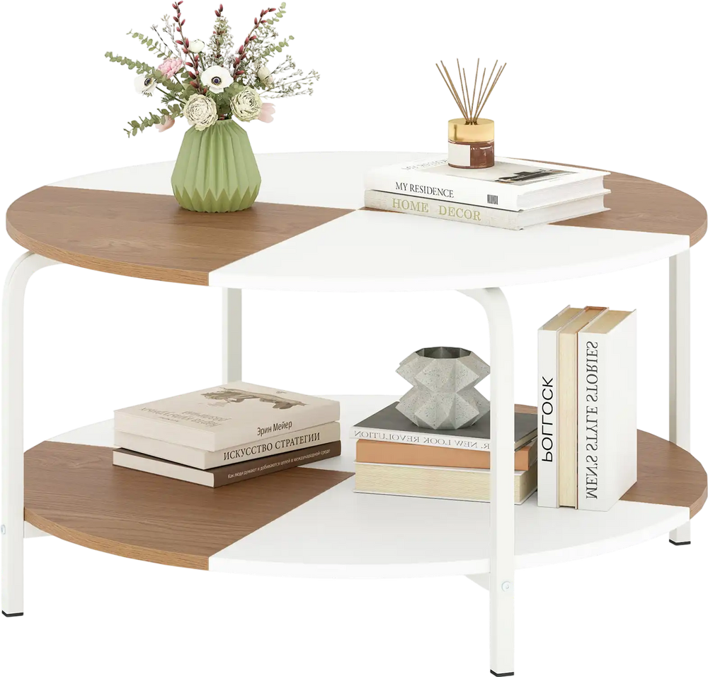 Round coffee table with a split-color tabletop, metal frame, and storage shelf for organizing daily items.