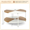 Round coffee table with natural and white split-color tabletop, featuring a metal frame and 2-tier storage shelf.