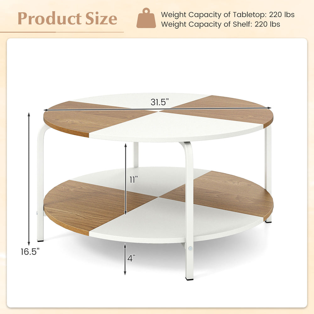 Round coffee table with natural and white split-color tabletop, featuring a metal frame and 2-tier storage shelf.