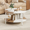 Round coffee table with a natural and white split-color tabletop, featuring a metal frame and 2-tier storage shelf.