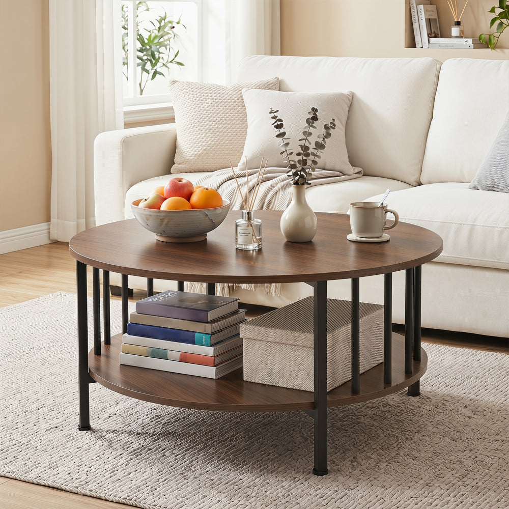2-Tier Round Coffee Table with Storage Shelf and Metal Accents in Black Walnut-Walnut - Gallery View 1 of 10