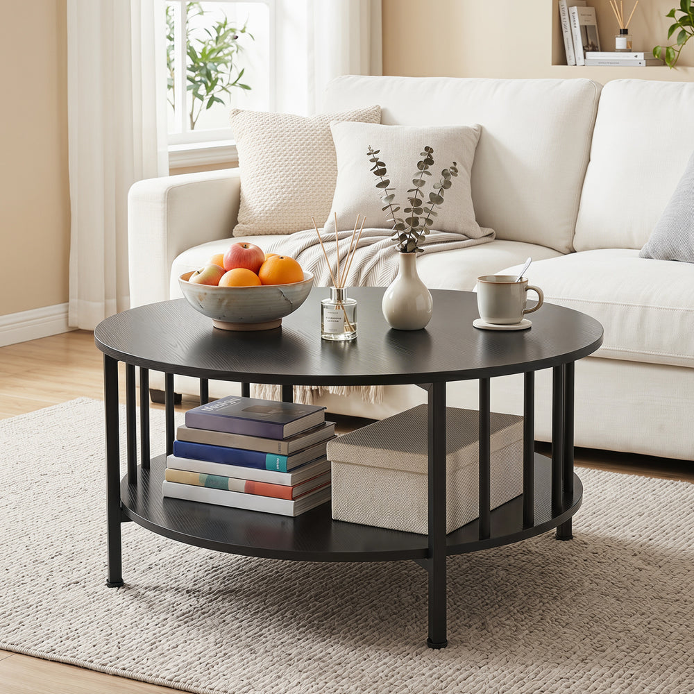 2-Tier Round Coffee Table with Storage Shelf and Metal Accents in Black Walnut-Black - Gallery View 1 of 10