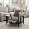 2-tier round coffee table in black walnut with metal accents, showcasing a modern design and convenient open storage.