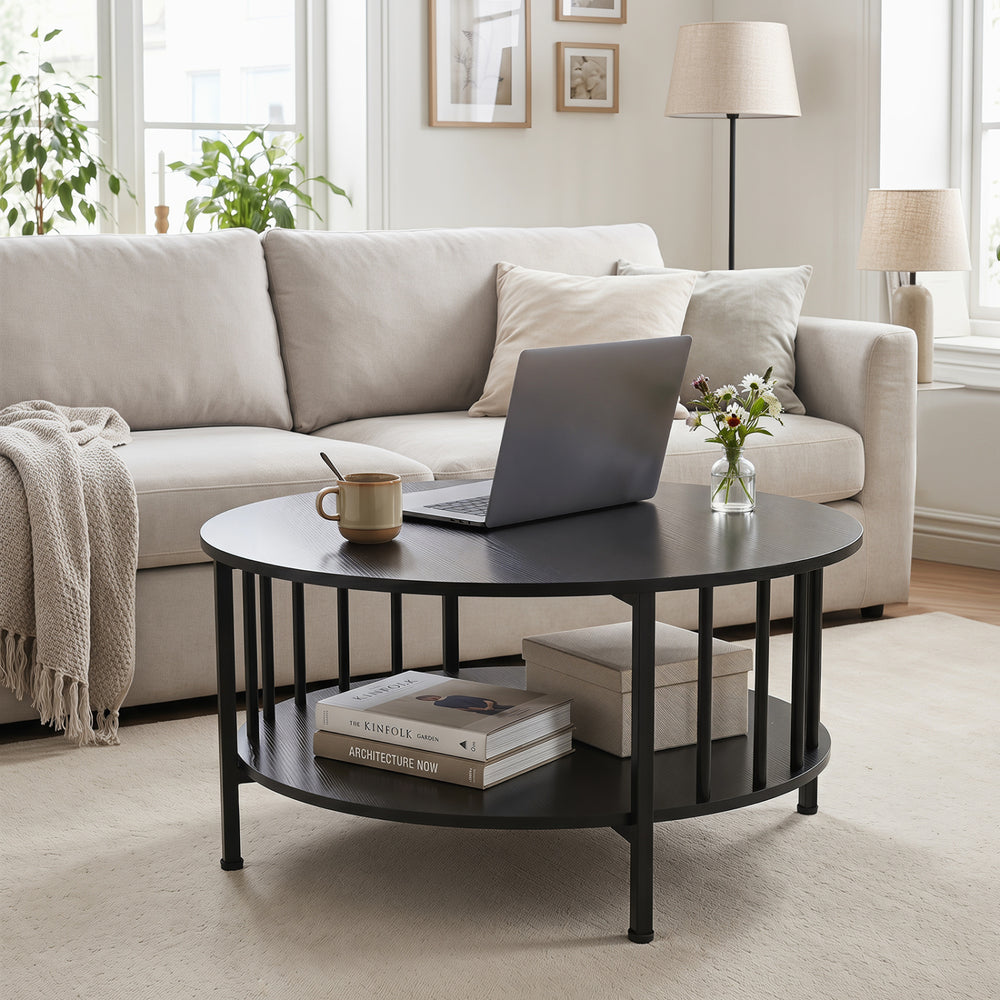 2-tier round coffee table in black walnut with metal accents, showcasing a modern design and convenient open storage.