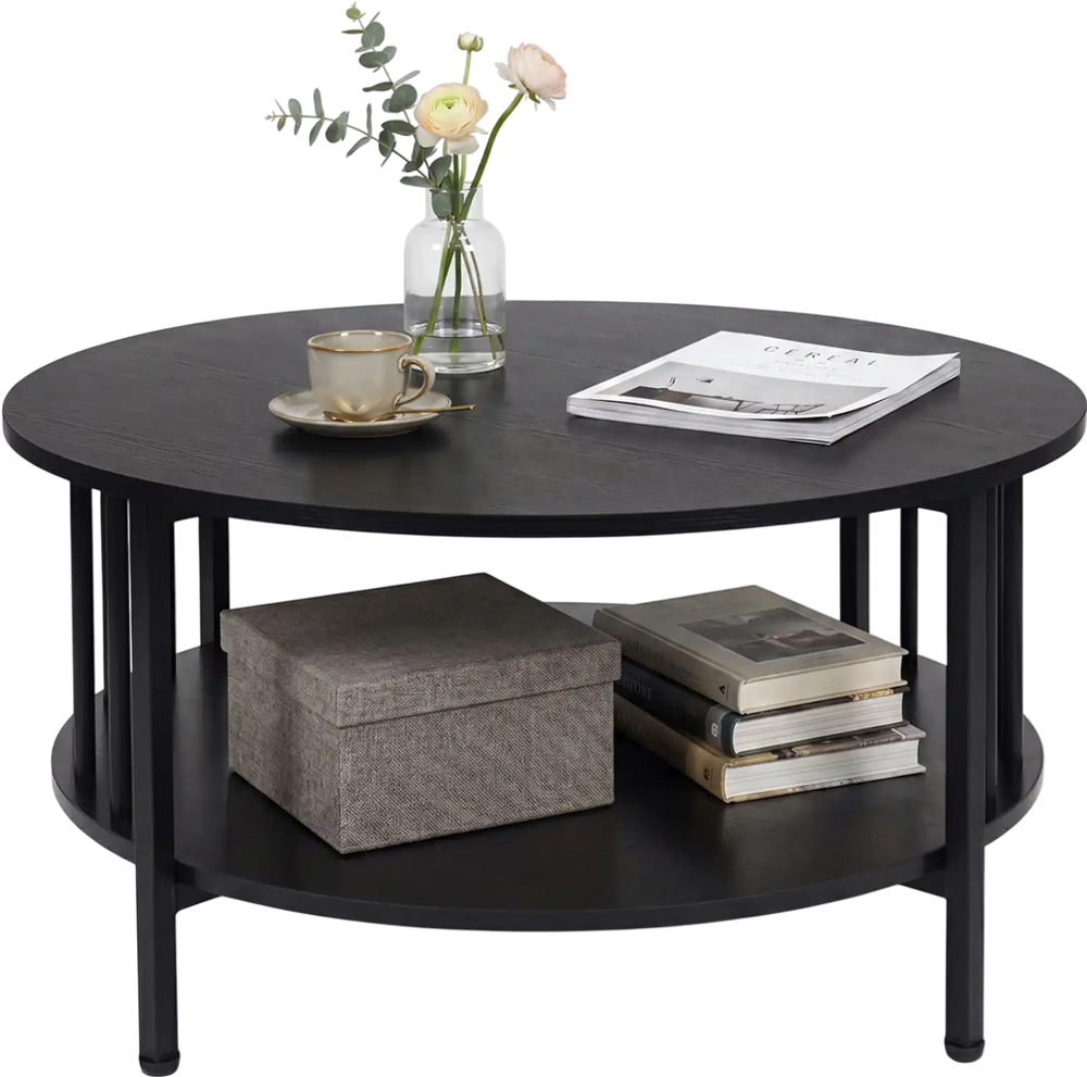 Round coffee table in black walnut with a metal frame and adjustable foot pads, offering stylish storage for decor and.