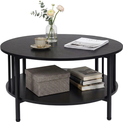 Costway 2-Tier Round Coffee Table w/ Storage Shelf Black Walnut 48322152 New