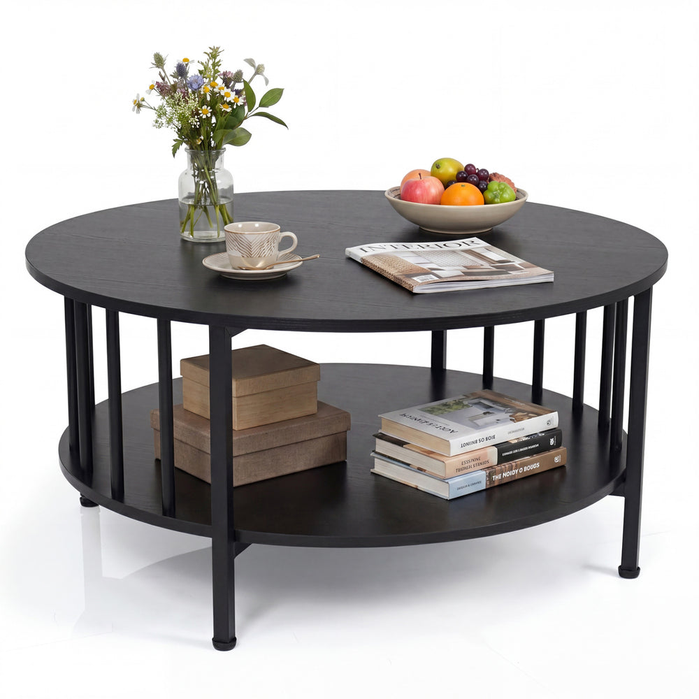 Round coffee table in black walnut with metal accents, featuring a 2-tier design and open shelf for storage and decor.