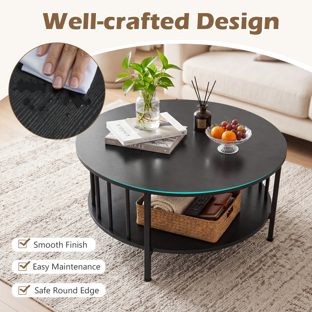 Round coffee table in black walnut with metal accents, featuring a smooth, spill-resistant surface and open storage.