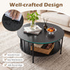 Round coffee table in black walnut with metal accents, featuring a smooth, spill-resistant surface and open storage.