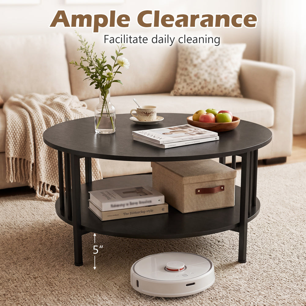 Round coffee table in black walnut with metal accents, featuring a 2-tier design and ample clearance for easy cleaning.