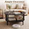 Round coffee table in black walnut with metal accents, featuring a 2-tier design and ample clearance for easy cleaning.