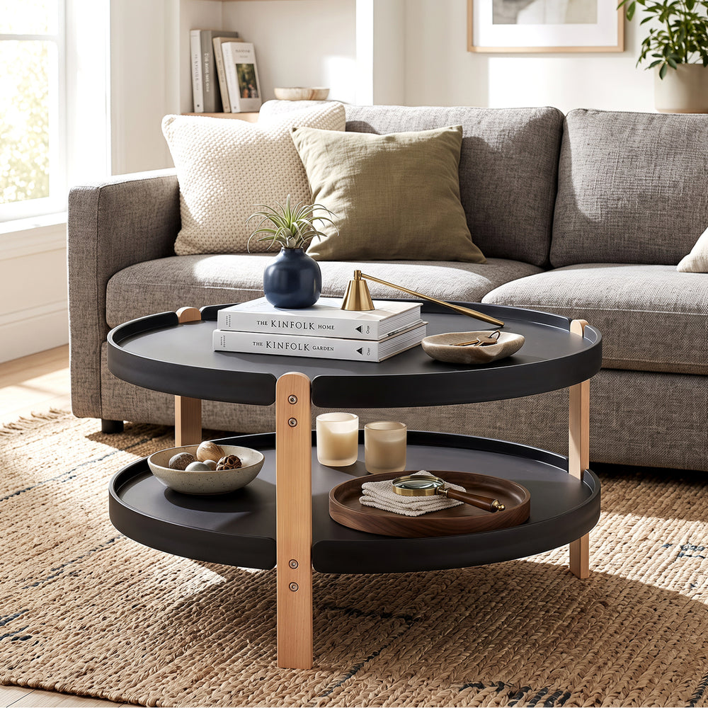 2-Tier Round Coffee Table with Open Storage Shelf and Solid Beech Wood Legs for Living Room-Black - Gallery View 1 of 10