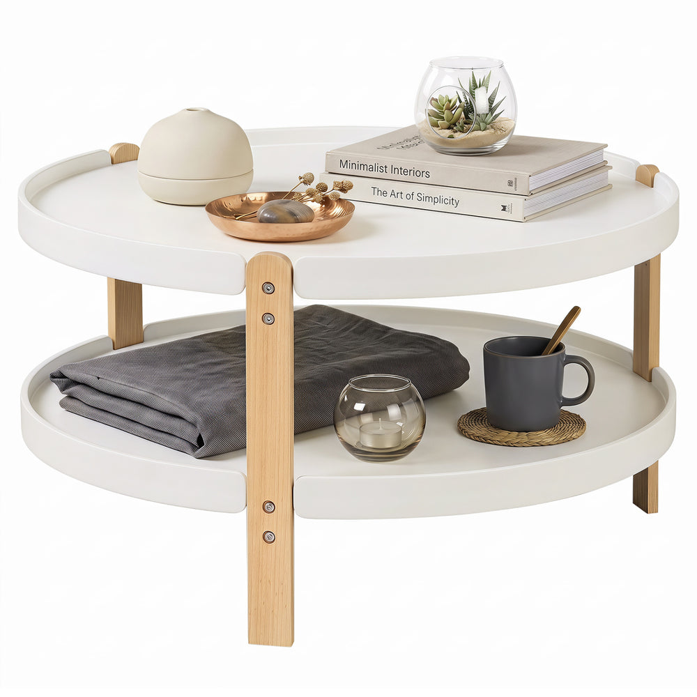 Round 2-tier coffee table with solid beech wood legs, offering open storage for books and decor in a modern living room.