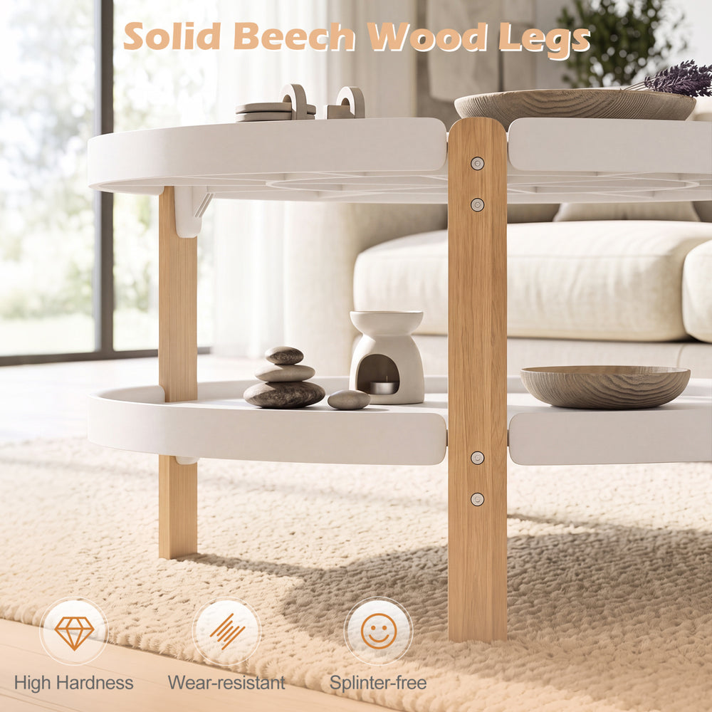 Close-up of the solid beech wood legs of the round coffee table, highlighting their wear-resistant and splinter-free design.