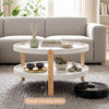 Round coffee table with solid beech wood legs and open storage shelf, perfect for organizing living room essentials.